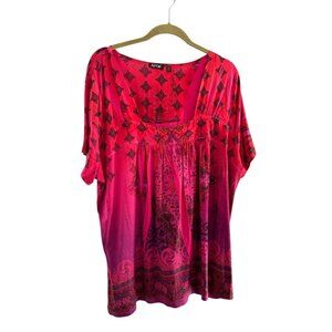 Apt. 9 Pink & Purple Geometric Print Short-Sleeve Blouse 3X Ombre Tie Dye Boho